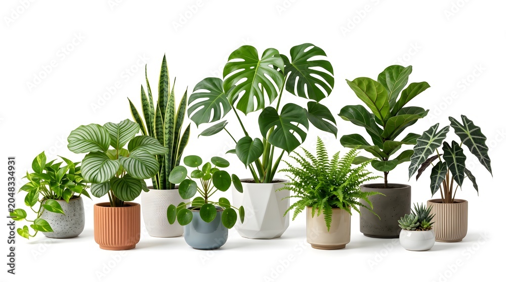 Fototapeta premium Collection of diverse houseplants in modern pots, showcasing a variety of lush green foliage