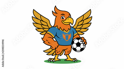 Friendly eagle mascot wearing blue jersey and holding a soccer ball