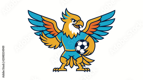 Griffin mascot character holding a soccer ball with spread wings