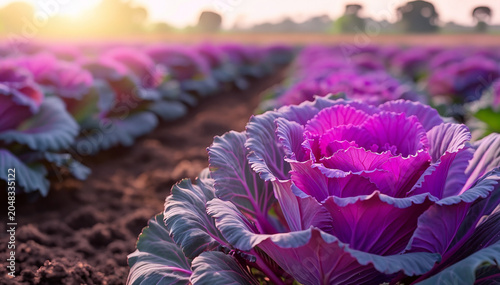 Panoramic view of a vibrant purple cabbage field at sunrise with copy space