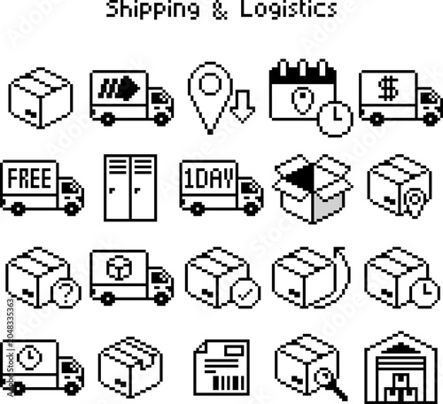 Vászonkép Pixel Art Shipping and Logistics Icon Set