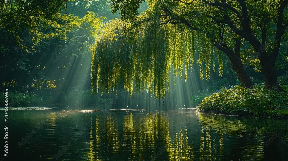 Fototapeta premium Serene willow tree overhanging peaceful pond with sun rays shining through lush green foliage in a tranquil park setting