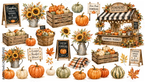 Cute Watercolor Autumn Pumpkin Farmers Market Clipart Set Featuring Rustic Wooden Market Stall Harvest Blessings Crates Sunflower Bouquets and Fall Gourds for Seasonal Branding and Sticker Designs