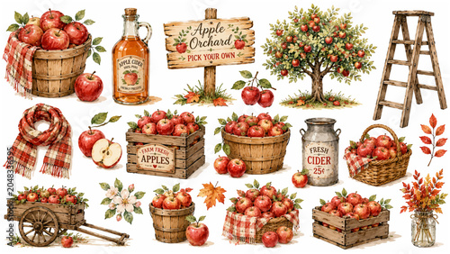 Cute Watercolor Autumn Apple Picking and Orchard Harvest Clipart Set Featuring Fresh Apple Cider Wooden Crates Fruit Baskets and Rustic Fall Elements for Seasonal Branding and Sticker Designs