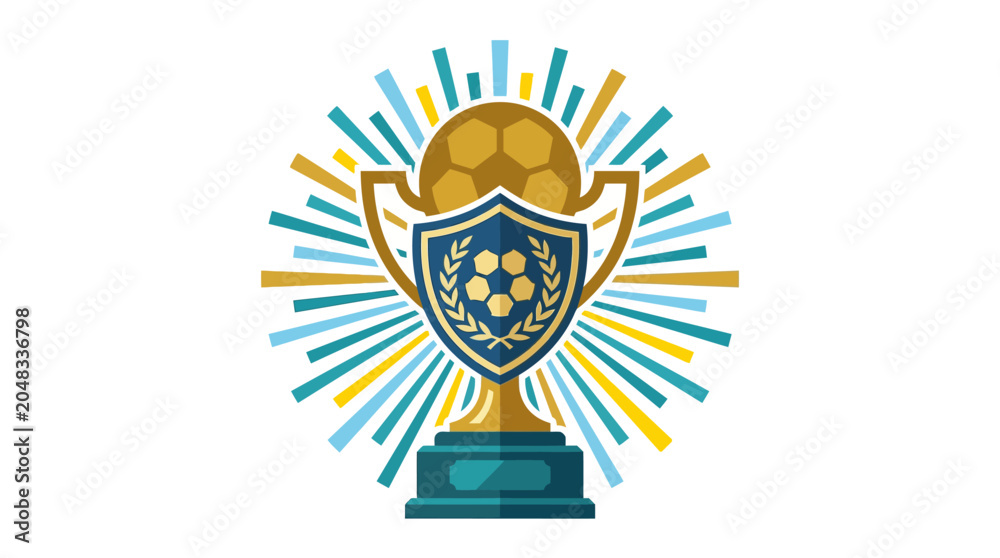 Fototapeta premium Detailed soccer trophy with ball and colorful sunburst.
