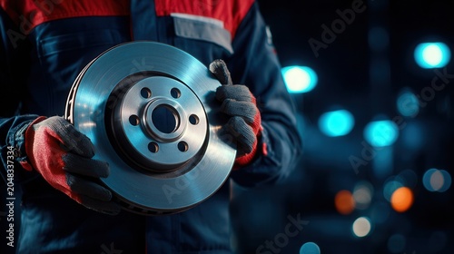 a close up, eye level shot of an auto mechanic, wearing a dark blue and red jumpsuit and red and gray gloves, holding a shiny new brake disc or rotor. the mechanic's torso i