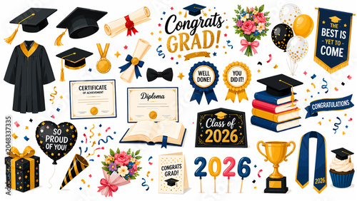 Cute Graduation Class of 2026 and Academic Celebration Clipart Set Featuring Mortarboard Cap Gown Diploma Scroll Trophy and Stack of Books for Party Branding and Sticker Designs