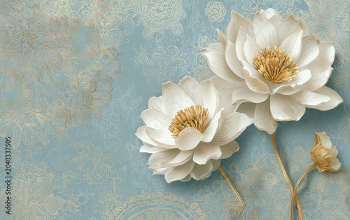 Two large white blossoms with golden centers bloom against a textured light blue backdrop with subtle golden patterns