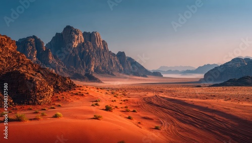Vast desert vista showcasing layered rock formations and a sandy expanse, bathed in warm, early morning light. A serene landscape