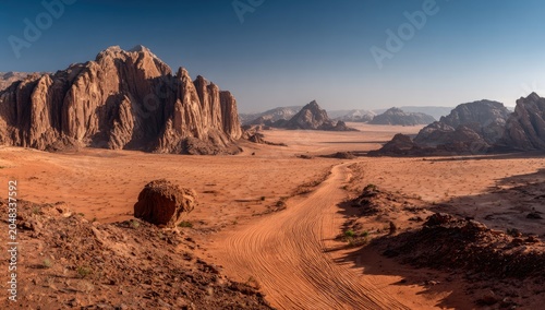 Vast panoramic vista of a desolate desert landscape. Mountains rise from the arid terrain, creating a natural pathway through the sands