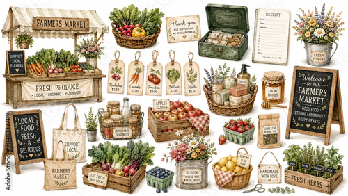 Cute Watercolor Vintage Farmers Market Vendor Clipart Set Featuring Wooden Market Stall Fresh Produce Crates Open Cash Box and Local Honey for Small Business Branding and Sticker Designs