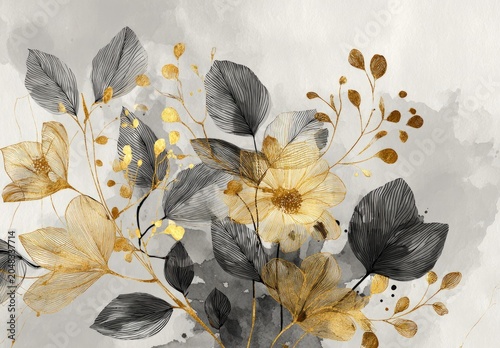 Watercolor floral arrangement with black, gold, and cream hues. Features stylized flowers and leaves, creating an elegant, artistic aesthetic