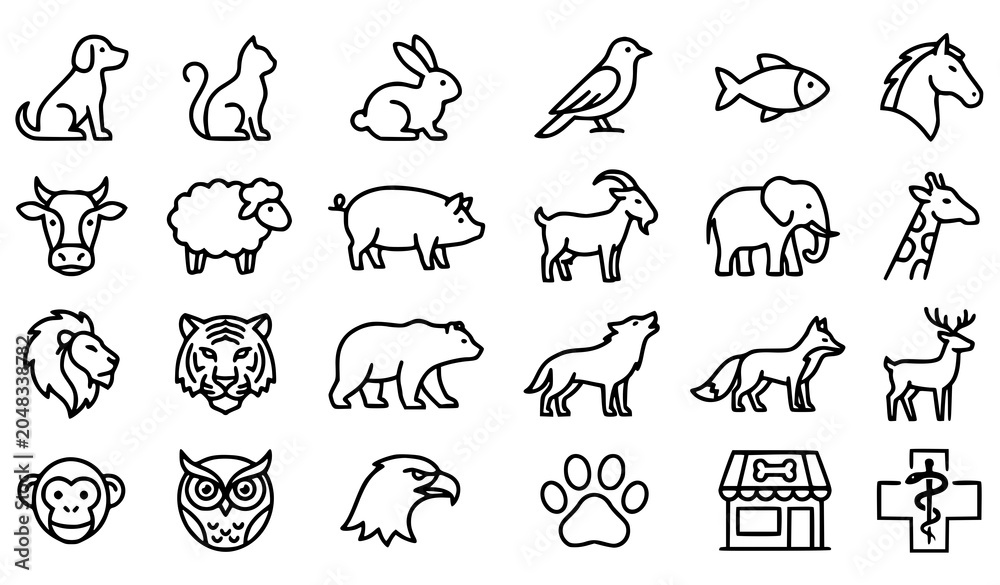 Fototapeta premium Minimal Animal Line Icons Bundle with Pet Wildlife Farm and Zoo Animal Symbols