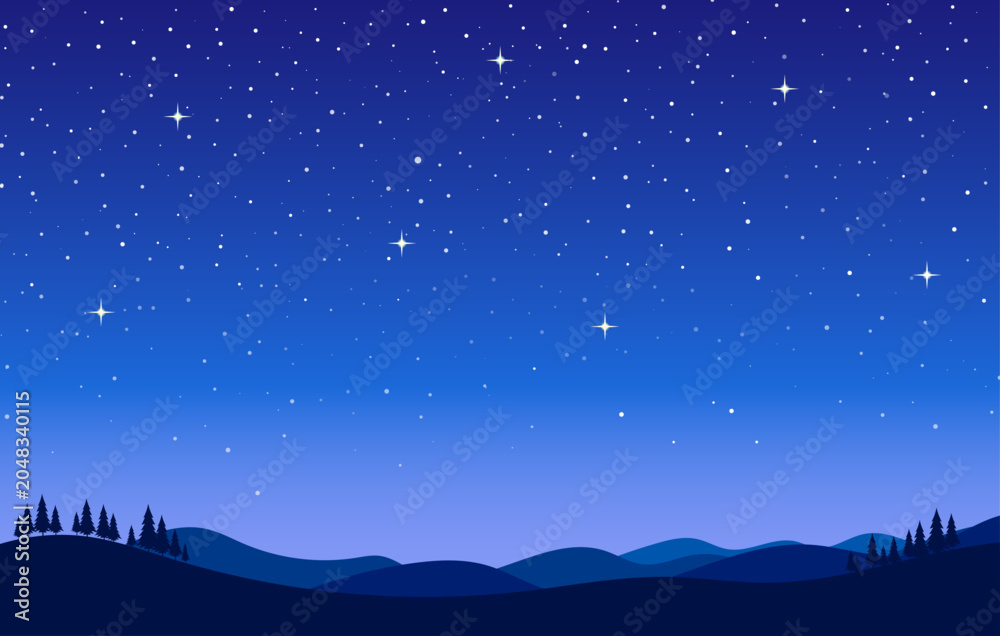 Fototapeta premium Fantasy-style background illustration featuring a starry sky and mountain range at night | Night sky, mountains, forest, stars, natural scenery