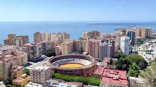 aerial view of malaga bullring and cityscape in spain