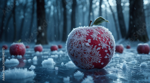 Red Apple Covered with Frost and Snowflakes in a Winter Forest – Frozen Fruit Close Up