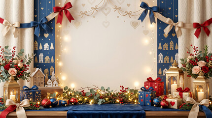 Charming Christmas winter village background mockup with gift boxes lanterns and fairy lights