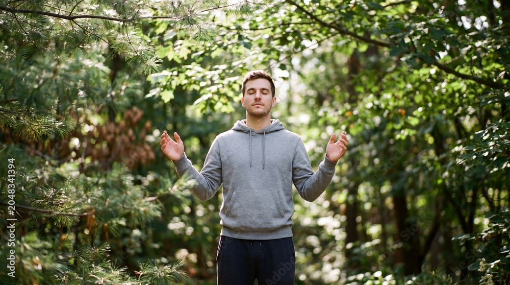 Fototapeta premium Relaxed man in gray hoodie stands with eyes closed and arms raised in sunlit green forest, practicing meditation and mindful breathing for calm, focus, and nature connection