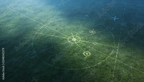 Abstract Blueprint in Green Field: A surreal aerial view reveals intricate geometric patterns and celestial map-like designs etched onto a grassy field, evoking mystery and scientific exploration.