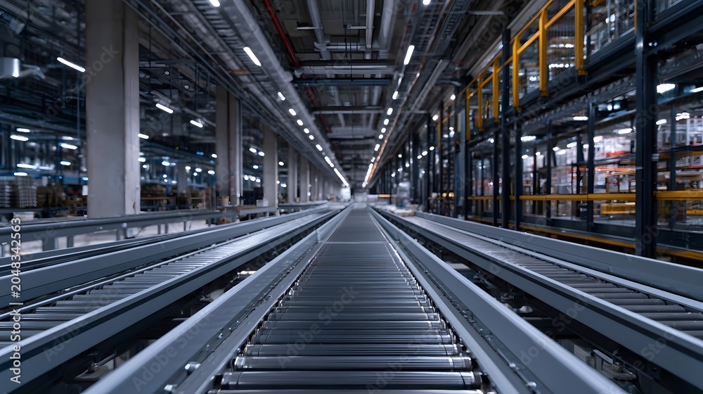 Fototapeta premium An empty structured industrial corridor featuring a complex system of metal beams and architectural framework