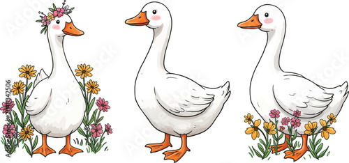 A charming watercolor illustration featuring three cute white geese surrounded by colorful spring flowers on white background