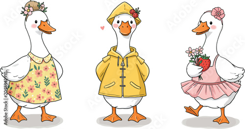 A whimsical illustration featuring three cute geese dressed in colorful clothing standing together in a friendly group