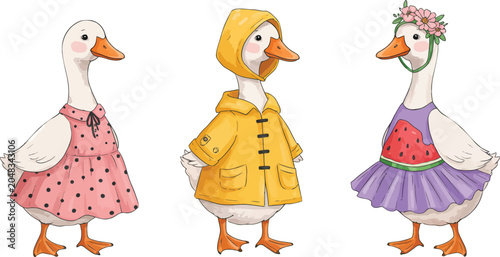 Three cute cartoon geese standing together wearing colorful clothes and accessories in a whimsical hand drawn style illustration