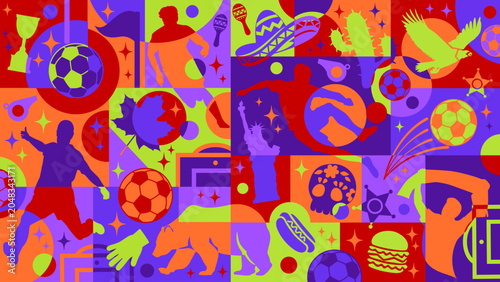 Colorful football background with vibrant geometric patterns, soccer players, and cultural symbols of usa, canada, and mexico.