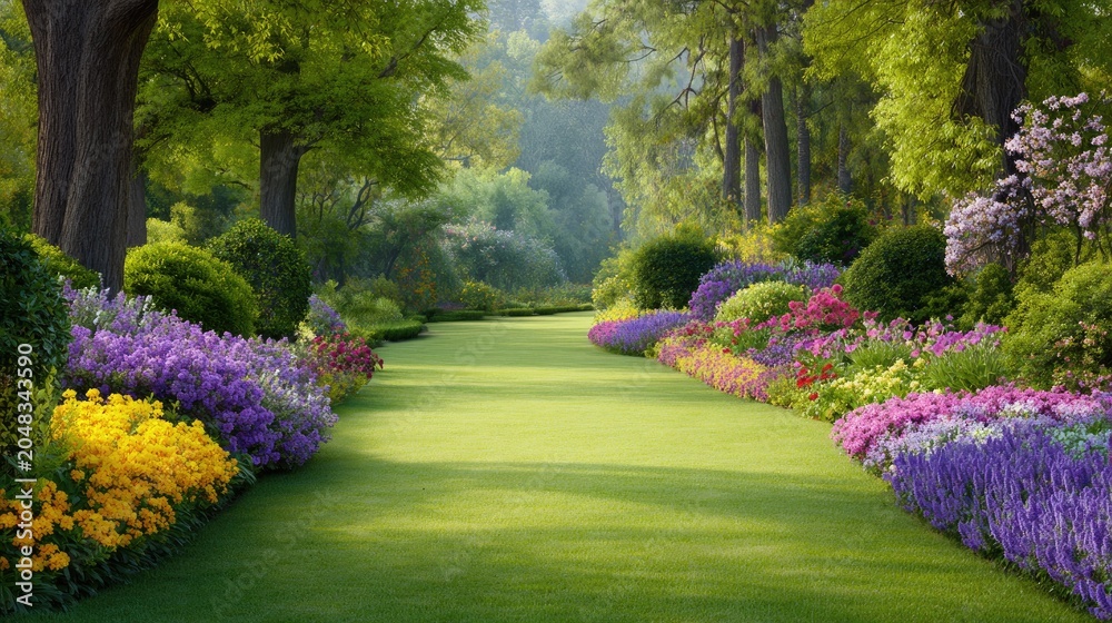 Obraz premium Lush Vibrant Garden Pathway Surrounded by Colorful Flowers and Greenery in a Serene Natural Setting Perfect for Outdoor Relaxation and Enjoyment