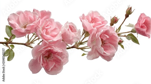 Delicate pink roses blooming on a branch against a white backdrop