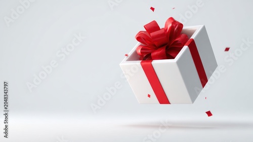 Open gift box with red ribbon isolated on white background for celebration