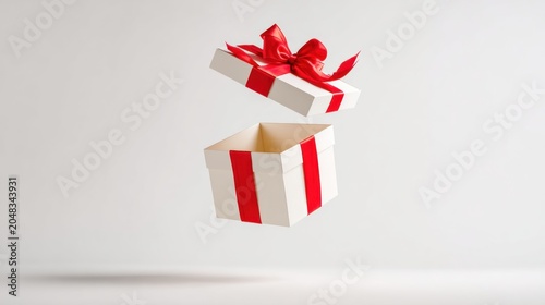 Floating gift box with red ribbon isolated on white background