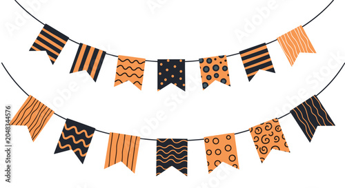 Festive Halloween bunting banner featuring orange and black flags with various patterns like stripes, waves, and dots.