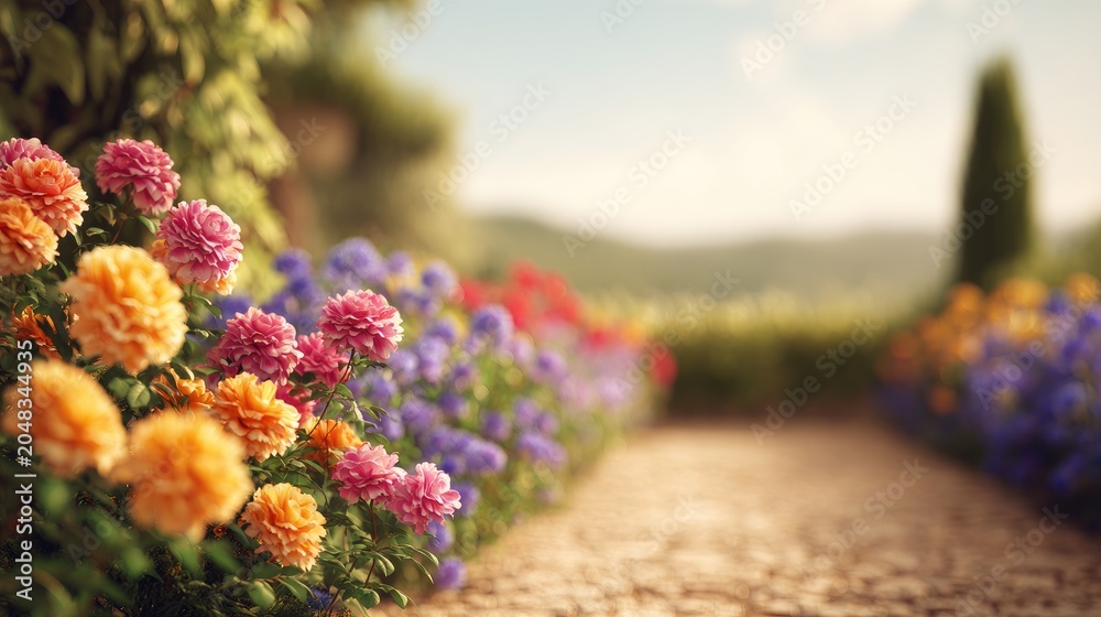 Obraz premium Vibrant Garden Pathway Surrounded by Colorful Blooms Under Soft Natural Light in the Background of Rolling Green Hills and Scenic Landscape