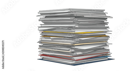 High stack of various loose papers and documents piled up in a messy but stable heap on a white background for office concept.