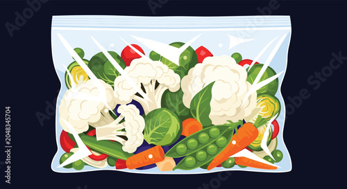Clear plastic zipper bag filled with fresh frozen mixed vegetables including cauliflower, broccoli, carrots, and garden peas.