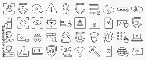 Cyber security linear icons set. Collection of 40 icons in line art. Big set of linear icons, including, fingerprint, face detection,password, wifi, privacy, bug,browsing, etc