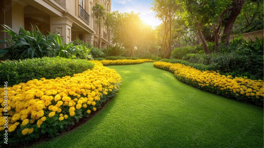 Obraz premium Scenic garden pathway with vibrant yellow flowers, lush greenery, and soft sunlight illuminating a serene outdoor space at sunrise