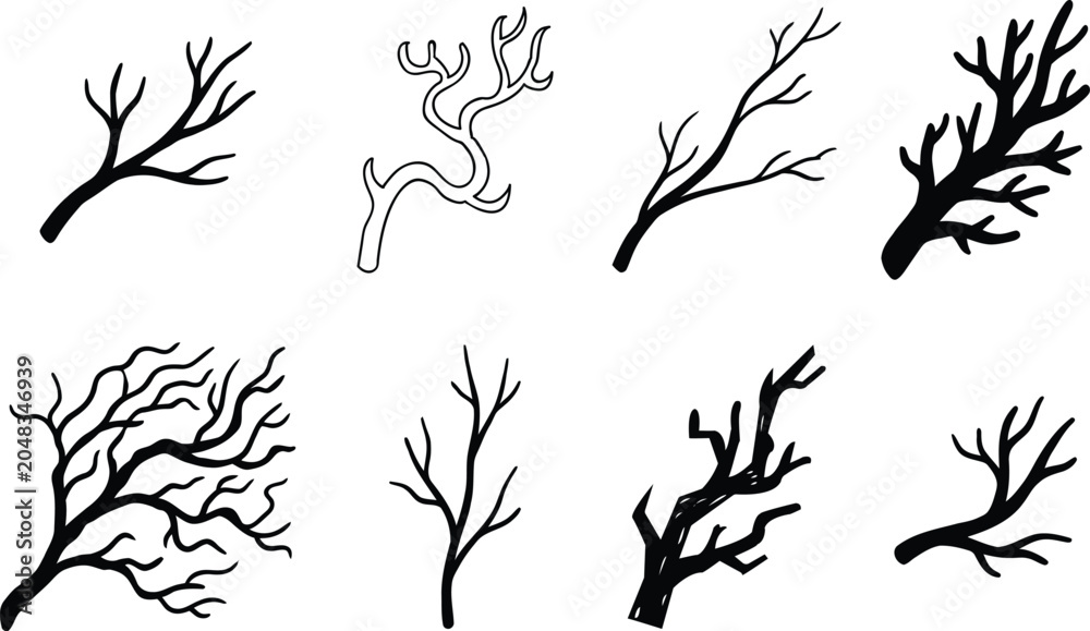 Obraz premium Hand drawn branch set black and white vector illustration