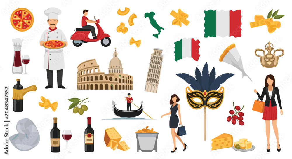 Fototapeta premium Comprehensive collection of colorful icons and illustrations representing Italian culture, food, landmarks, and lifestyle.