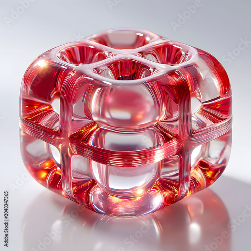 Elegant Glass Sculpture with Intricate Red and Clear Patterns for Modern Decor