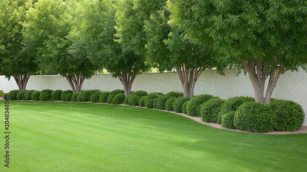 Obraz premium Lush Green Lawn with Neatly Trimmed Bushes and Trees Under Clear Blue Sky in a Tranquil Outdoor Environment for Relaxation and Enjoyment