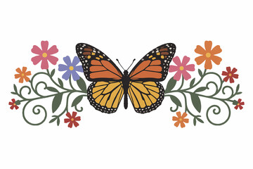 Monarch butterfly with colorful floral border during spring with intricate details