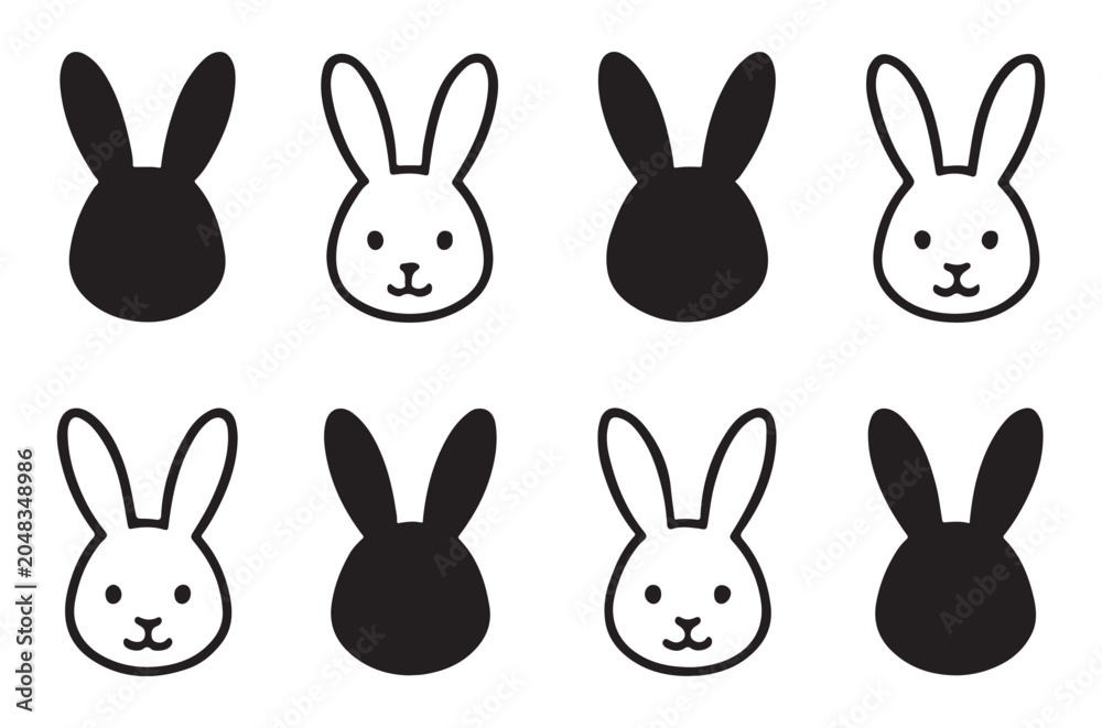 Fototapeta premium Rabbit Silhouettes And Outlines On White Background