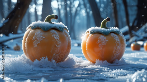 Frozen Persimmons Covered with Snow and Frost in Winter Forest – Fresh Seasonal Fruit Close Up