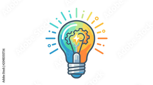 A colorful illustration of a light bulb with gears inside, symbolizing innovation and ideas.