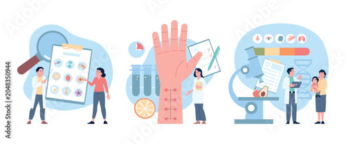 Allergy diagnosis scenes. Doctors find allergen in food, dust, medications. Conducting tests to find irritants, hospital, allergology, recent vector concept