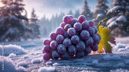 Frozen Purple Grapes Covered with Frost and Snow in Winter Landscape – Fresh Vineyard Fruit Close Up