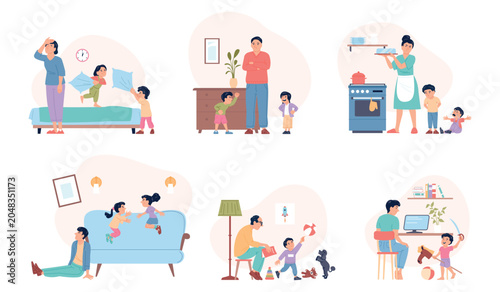 Tired unhappy parents. Mothers fathers and naughty children. Upset parent cant working, doing housework, resting. Family exhausted recent vector scenes
