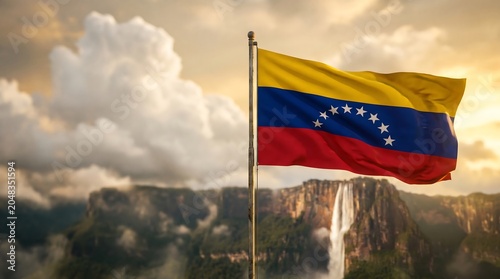 National flag of Venezuela waving over Angel Falls landscape with cloudy sunset sky background
